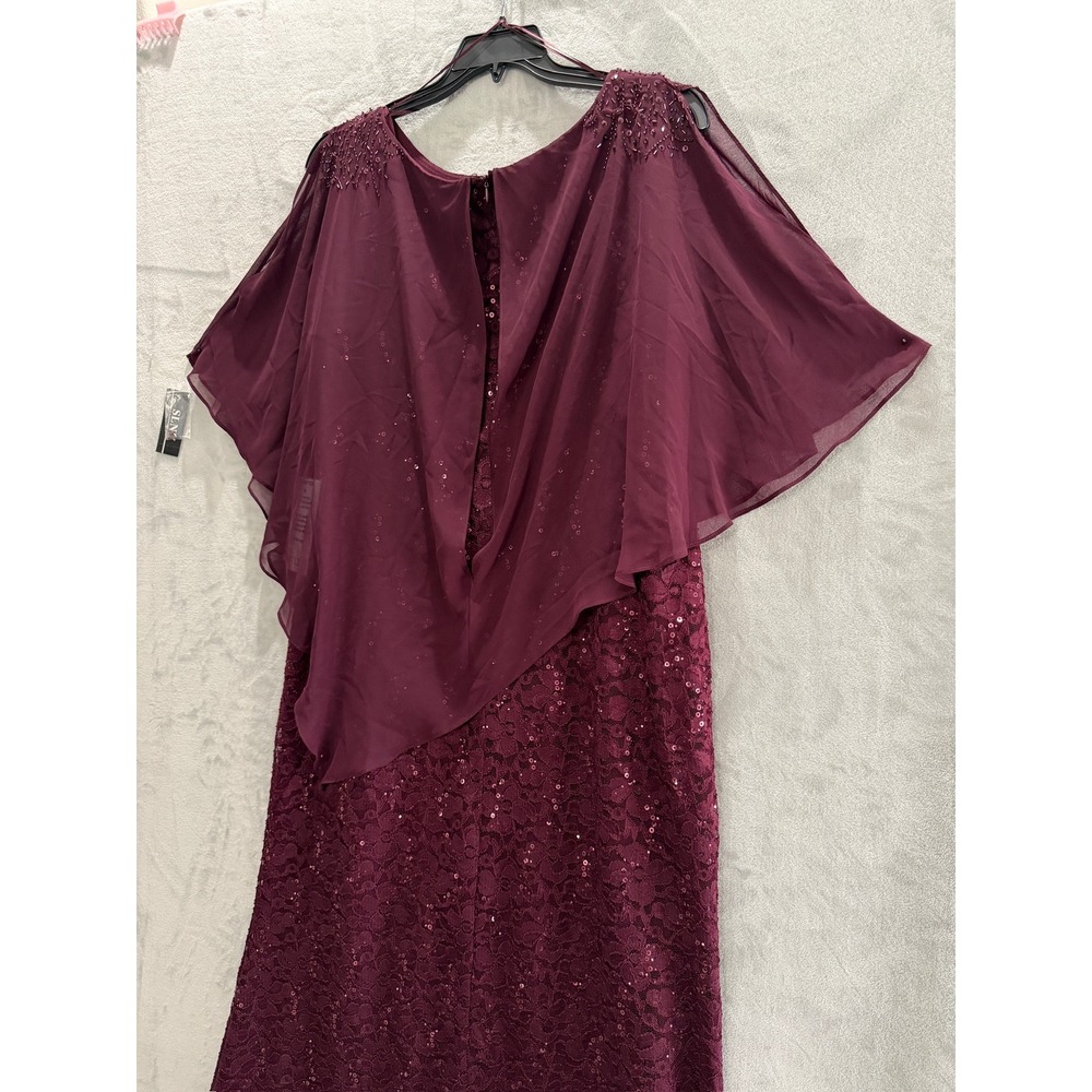 NWT SLNY Evening Gown Women Plum Sequin Lace Chiffon Cape Overlay Dress 14W $169 - Picture 12 of 16